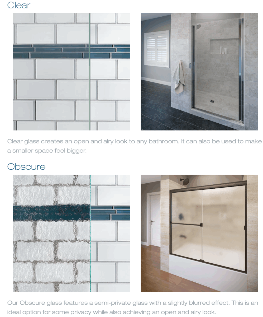 Clear glass, choice building products, shower doors systems, Obscure glass