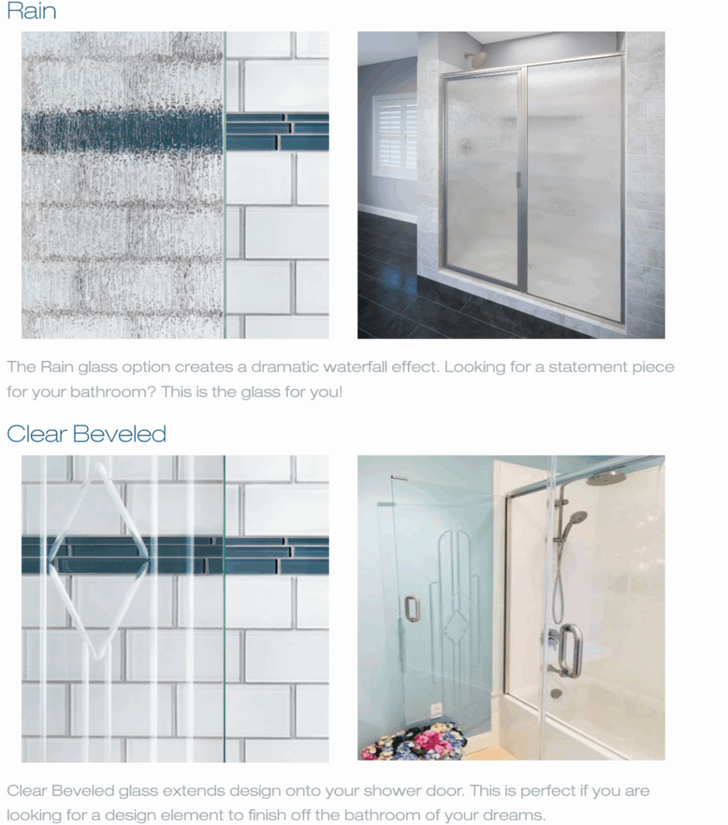 Rain glass, Clear Beveled, shower doors systemers, glass options