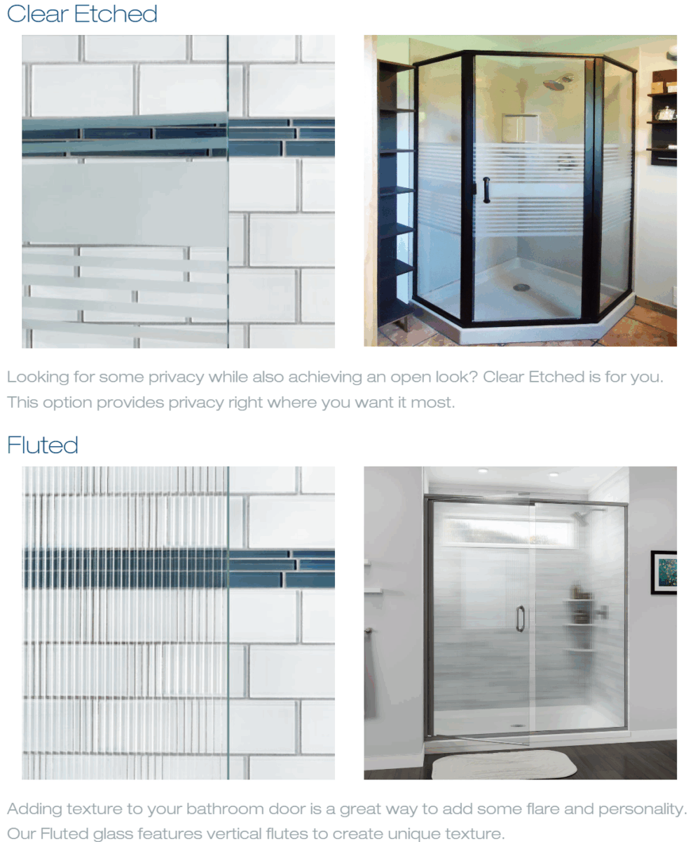 Clear Etched, choice building products, fluted, shower doors systems