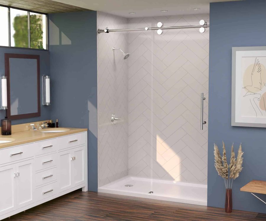 60 x 30 in alcove shower in white herringbone pattern