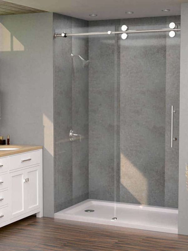 Gray sahara shower wall panels with black accent